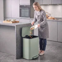 HOMCOM 50 L Kitchen Pedal Bin, Metal Rubbish Bin with Removable Inner Bucket, Soft-Close & Stay-Open Lid, Light Green(m-2)