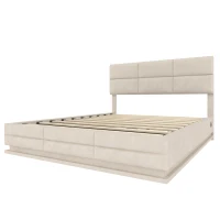 Das samtgepolsterte Bett misst 180 x 200 cm, verfügt über verstellbare Kopfteilhöhe, LED-Beleuchtung und XXL-Stauraum. Es ist ohne Matratze erhältlich, mit den Gesamtmaßen 182 cm x 206 cm x (105-110-115 cm), Beige(m-6)