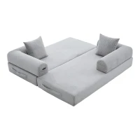 Faltbares Kompressionssofa mit stabilem Metallrahmen, Seitentaschen plus 3 Kissen, 200L x 94B x 67H cm,Hellgrau(m-7)