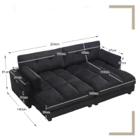 Das schwarze Cord-Doppelsofa verfügt über 2 Kissen, 4 Becherhalter und 4 Seitentaschen, kann in zwei unabhängige Sitze geteilt werden, 224L x 140B x 81H cm , Schwarz(m-3)