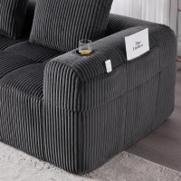 Cord-Kombinationssofa mit 3 Kissen, Seitentaschen und Getränkehaltern, 253L x 158B x 61H cm, Dunkelgrau(m-7)
