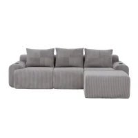 Modulares Cordsofa für drei Personen (inklusive Fußschemel), frei kombinierbar, ausgestattet mit Getränkehaltern und seitlichen Aufbewahrungstaschen, 268L x 174B x 80H cm, Hellgrau(m-8)
