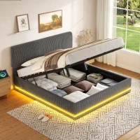 Modernes, gepolstertes Bett misst 180 x 200 cm, ausgestattet mit LED-Lichtern und USB-C-Lade, verstellbarer Kopfteilhöhe, stabilem gestreiftem Bettrahmen, 181L x 207B x 102/107/112H cm, Dunkelgrau(m-2)