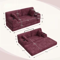 Doppeltes komprimiertes Cordsofa, Metallrahmen, 2 Becherhalter und 4 Seitentaschen, 168L x 80B x 81H cm, Weinrot(m-3)