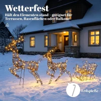 Outsunny 3-tlg. beleuchtetes Rentier- und Schlitten-Set, Weihnachtsdeko aus Polyrattan mit LEDs, 8 Modi, Timer(m-7)