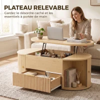 HOMCOM Table Basse Relevable Ovale, Compartiment Caché, Tiroir Cannelé, Portes Coulissantes et Placards, 100x50x40cm, Chêne(m-4)