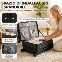 HOMCOM Valigia Rigida Media 71L Espandibile con 4 Ruote e Lucchetto TSA, 43x28x66 cm, Nero(m-4)