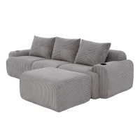 Modulares Cordsofa für drei Personen (inklusive Fußschemel), frei kombinierbar, ausgestattet mit Getränkehaltern und seitlichen Aufbewahrungstaschen, 268L x 174B x 80H cm, Hellgrau(m-7)