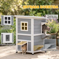 PawHut Caseta para Gatos de Madera Exterior de 2 Niveles con Techo Abatible Plataformas de Salto Puertas 51x51x81,3 cm Gris(m-6)
