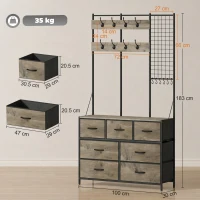 HOMCOM Cuier 4 în 1, Mobilier pentru hol cu 7 sertare pliabile din material textil, 14 cârlige şi panou grilaj, Gri cu efect de lemn(m-3)