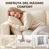 HOMCOM Sofá Chaise Longue de 3 Plazas con Almacenaje y Otomana Reversible de Pana 235x153x85 cm Blanco Crema(m-5)