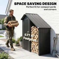 Outsunny 2 in 1 Galvanised Steel Firewood Shed, Outdoor Log Storage Shed with Tool Cabinet and Firewood Rack, Dark Grey(m-6)