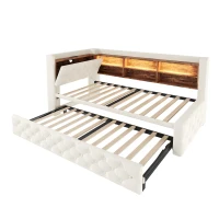 Bettgestell einziehbares Samtsofa 90x190 cm, mit Stauraum, LED-Licht, USB und Typ-C, 211 × ( 91~181) × 84 cm,Beige(m-7)