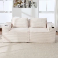 Modulares Doppelsitz-Cordsofa mit Becherhaltern und Seitentaschen, Federkern und hochdichtem Schaumstoff, 188L x 90B x 75H cm, Beige(m-4)