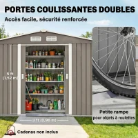 Outsunny Abri de jardin 5,4 m² 2,77 x 1,95 x 1,92 m kit de fondation porte coulissante ventilations acier galvanisé, gris(m-5)