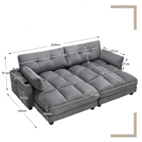 Das schwarze Cord-Doppelsofa verfügt über 2 Kissen, 4 Becherhalter und 4 Seitentaschen, kann in zwei unabhängige Sitze geteilt werden, 224L x 140B x 81H cm , Grau(m-3)