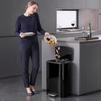HOMCOM 50 L Kitchen Pedal Bin, Metal Rubbish Bin with Removable Inner Bucket, Soft-Close & Stay-Open Lid, High Gloss Black(m-14)