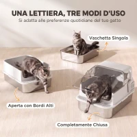 PawHut Lettiera Gatti Chiusa XL 3 in 1 90L in Acciaio Inox con Coperchio Rimovibile, Paletta, Bianco(m-4)