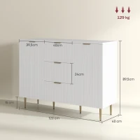 HOMCOM Buffet meuble cuisine rangement avec 3 tiroirs, étagères réglables, placards à portes cannelées, 120 x 40 x 90 cm, blanc(m-3)