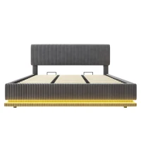 Modernes, gepolstertes Bett misst 180 x 200 cm, ausgestattet mit LED-Lichtern und USB-C-Lade, verstellbarer Kopfteilhöhe, stabilem gestreiftem Bettrahmen, 181L x 207B x 102/107/112H cm, Dunkelgrau(m-1)