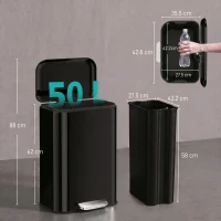 HOMCOM 50 L Kitchen Pedal Bin, Metal Rubbish Bin with Removable Inner Bucket, Soft-Close & Stay-Open Lid, High Gloss Black(m-3)