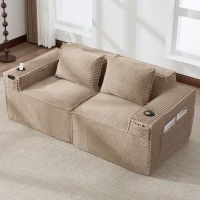 Modulares Doppelsitz-Cordsofa mit Becherhaltern und Seitentaschen, Federkern und hochdichtem Schaumstoff, 188L x 90B x 75H cm, Khaki(m-2)