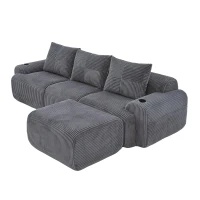 Modulares Cordsofa für 3 Personen (inklusive Fußhocker), ausgestattet mit Getränkehaltern , seitlichen Aufbewahrungstaschen, 268L x 174B x 80H cm, Dunkelgrau(m-10)