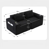 Modulares Doppelsitz-Cordsofa mit Becherhaltern und Seitentaschen, Federkern und hochdichtem Schaumstoff, 188L x 90B x 75H cm, Schwarz(m-3)