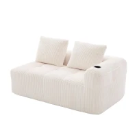 Bequemes Cordsofa mit zwei Sitzern, seitliche Aufbewahrungstasche für Fernbedienung und Handy, eingebauter Getränkehalter, 158X93X61 cm, Beige(m-8)