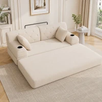 Doppeltes komprimiertes Cordsofa, Metallrahmen, 2 Becherhalter und 4 Seitentaschen, 168L x 80B x 81H cm, Beige(m-2)