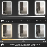 HOMCOM Miroir de salle de bain 60 x 80 cm, miroir LED mural avec 3 couleurs lumière, dimmable, mémoire, anti-buée, argent(m-6)