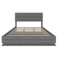 Das samtgepolsterte Bett misst 180 x 200 cm, verfügt über verstellbare Kopfteilhöhe, LED-Beleuchtung und XXL-Stauraum. Es ist ohne Matratze erhältlich, mit den Gesamtmaßen 182 cm x 206 cm x (105-110-115 cm), Dunkelgrau(m-1)