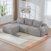 Modulares Cordsofa für drei Personen (inklusive Fußschemel), frei kombinierbar, ausgestattet mit Getränkehaltern und seitlichen Aufbewahrungstaschen, 268L x 174B x 80H cm, Hellgrau(m-5)