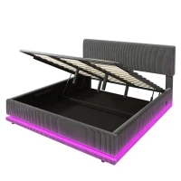 Modernes, gepolstertes Bett misst 180 x 200 cm, ausgestattet mit LED-Lichtern und USB-C-Lade, verstellbarer Kopfteilhöhe, stabilem gestreiftem Bettrahmen, 181L x 207B x 102/107/112H cm, Dunkelgrau(m-7)