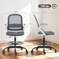 HOMCOM Silla de Escritorio de Malla Silla de Dibujo con Reposabrazos Abatibles Altura Ajustable Reposapiés Gris(m-3)