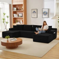 Modulares U-förmiges rahmenloses Cordsofa，mit tiefem Sitzdesign, geeignet für Wohnzimmer, 339L x 168B x 64H cm, Schwarz(m-7)