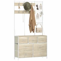 HOMCOM Cuier 4-în-1, Mobilier de Intrare cu 7 Sertare Pliabile din Material Textil, 14 Cârlige și Panou Grilaj, Stejar(m-8)