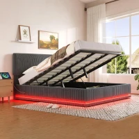 Modernes, gepolstertes Bett misst 180 x 200 cm, ausgestattet mit LED-Lichtern und USB-C-Lade, verstellbarer Kopfteilhöhe, stabilem gestreiftem Bettrahmen, 181L x 207B x 102/107/112H cm, Dunkelgrau(m-5)