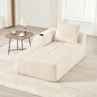 Bequemes Cordsofa mit Rückenlehne, seitlichen Aufbewahrungstaschen für Fernbedienung und Handy, eingebauter Getränkehalter, 158X93X61 cm, Beige(m-5)