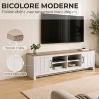 HOMCOM Meuble TV 175 cm, Meuble Télé pour Téléviseur jusqu'à 55 Pouces avec 2 Portes et 4 Compartiments Ouverts, Chêne et Blanc(m-4)