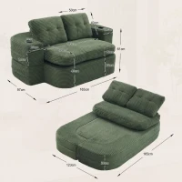 2-in-1 Cordsofa mit verstellbarer Funktion, 2 Getränkehaltern, hohe Rückenlehne und extra tiefe Sitzfläche, 165L x 97B x 61H cm, Smaragdgrün(m-3)