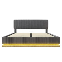 Modernes, gepolstertes Bett misst 160 x 200 cm, ausgestattet mit LED-Lichtern und USB-C-Lade, verstellbarer Kopfteilhöhe, stabilem gestreiftem Bettrahmen, 161L x 207B x 102/107/112H cm, Dunkelgrau(m-1)