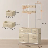 HOMCOM Porte-Manteau 4 en 1, Meuble d'Entrée avec 7 Tiroirs Pliables en Tissu, 14 Crochets et Panneau Grillagé, Chêne(m-3)