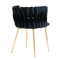 Samt-Esssessel mit goldenen Metallbeinen, elegantes handgewebtes Design, 55,5x41x74 cm, Schwarz(m-10)