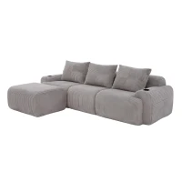 Modulares Cordsofa für drei Personen (inklusive Fußschemel), frei kombinierbar, ausgestattet mit Getränkehaltern und seitlichen Aufbewahrungstaschen, 268L x 174B x 80H cm, Hellgrau(m-6)