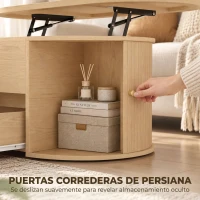 HOMCOM Mesa de Centro Elevable con Almacenaje Compartimento Oculto Cajón Acanalado y Puertas Correderas Tipo Persiana Roble(m-6)