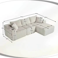 Modulares Sofaset mit Liegestühlen und Doppelbetten, 5 Kissen und 2 Getränkehaltern， 257×160×62 cm, Beige(m-3)