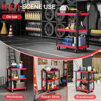 HOMCOM Tool Utility Cart Heavy Duty Tool Trolley Rolling with Brake Swivel Castors 3 Shelves Black Red(m-6)