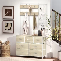 HOMCOM Cuier 4-în-1, Mobilier de Intrare cu 7 Sertare Pliabile din Material Textil, 14 Cârlige și Panou Grilaj, Stejar(m-4)