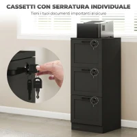 HOMCOM Cassettiera Portadocumenti a 3 Cassetti con Serrature e Spazio per Stampante, in Legno, 40x40x101 cm, Nero(m-6)